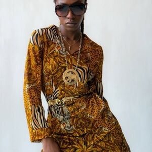 Vintage Loll Ease Animal Print Mini Kaftan Dressw/Gold Accents&Tassel Sleeves